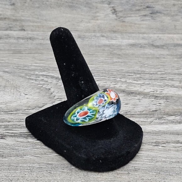 Murano Glass Italian Mosaic Multicolored Millefiori Floral Ring 7.5 - Picture 3 of 8